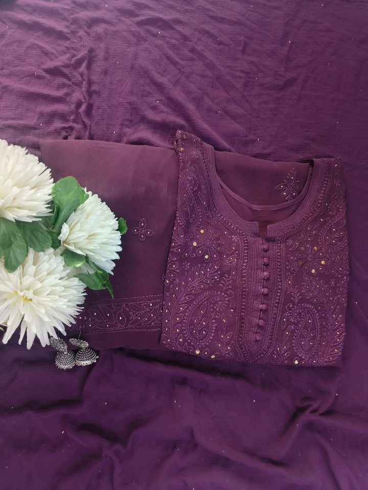 Wine Chikankari Georgette Suit Set-Custom Made