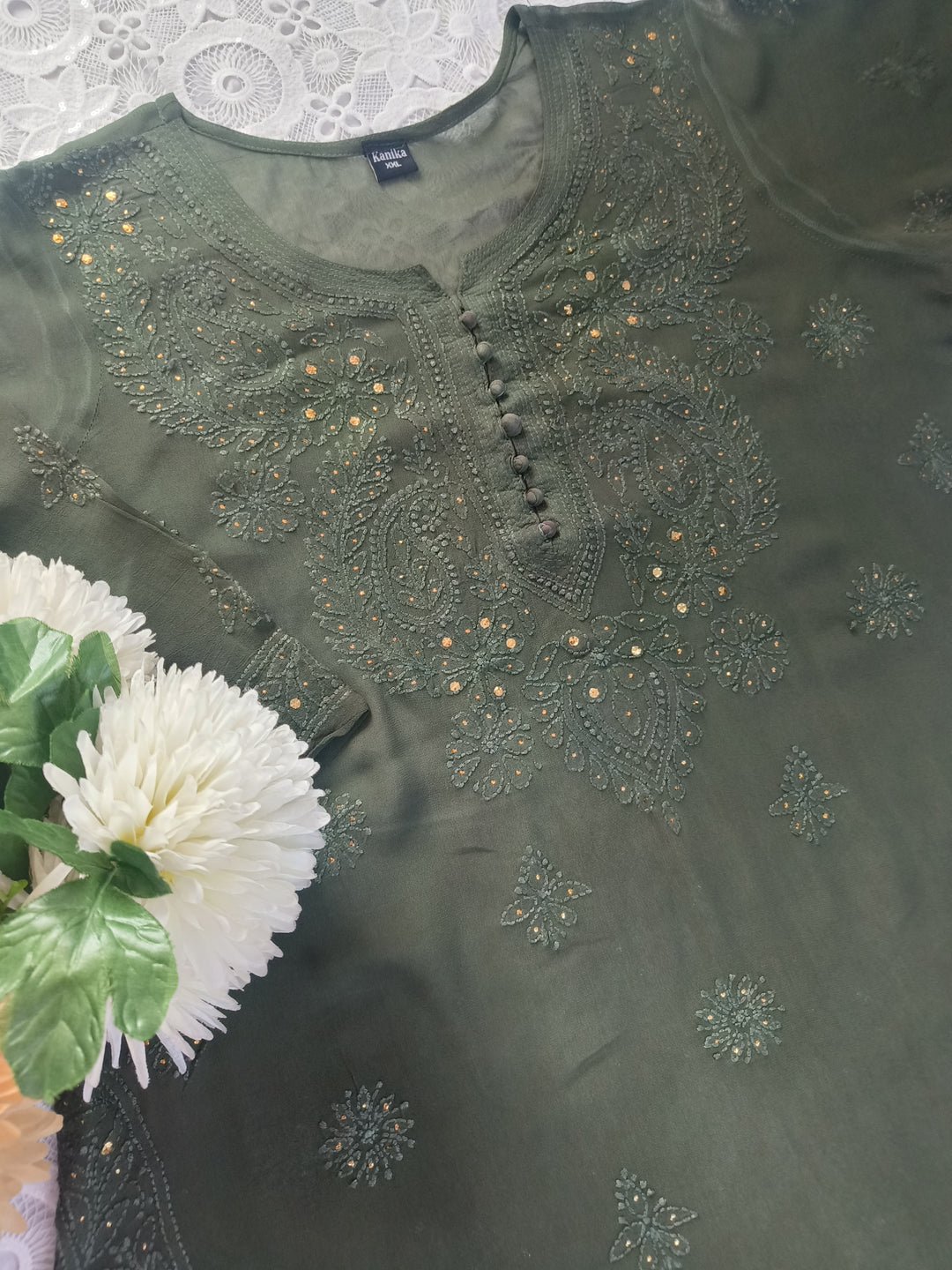 Olive green Georgette Chikankari Suit Set-Custom Made