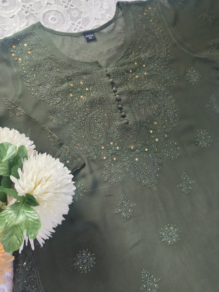Olive green Georgette Chikankari Suit Set-Custom Made
