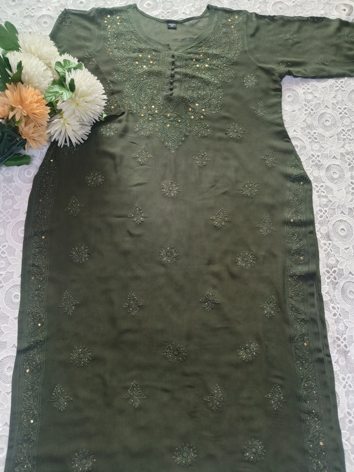 Olive green Georgette Chikankari Suit Set-Custom Made