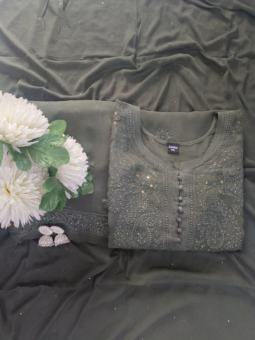 Olive green Georgette Chikankari Suit Set-Custom Made