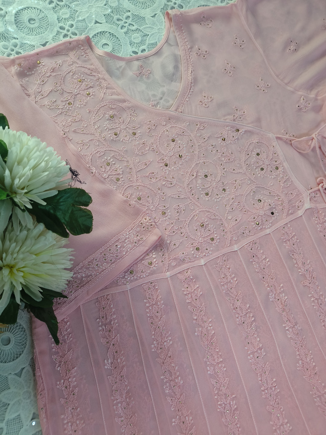 Peach Ombre Chikankari Georgette Anarkali Set-Custom Made