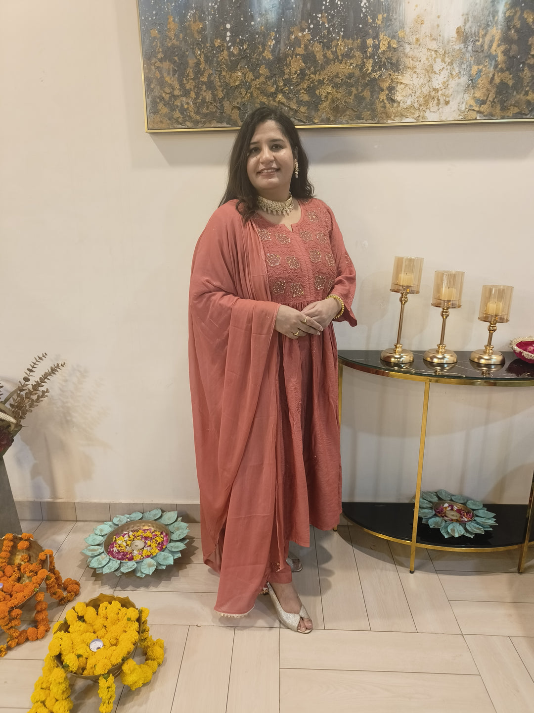 Rust Chanderi Chikankari Suit Set-Custom Made