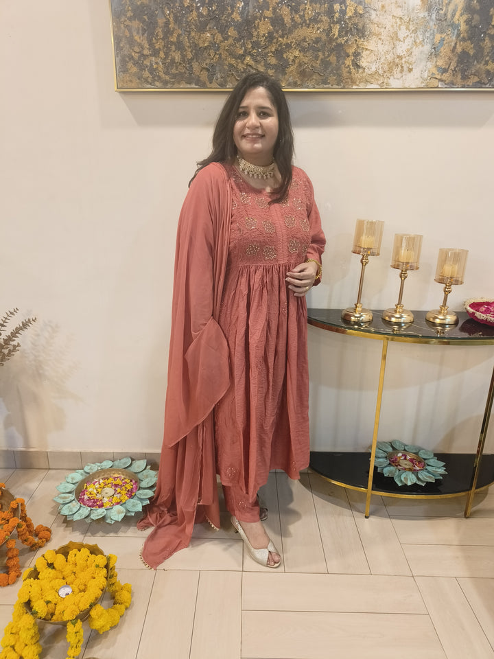 Rust Chanderi Chikankari Suit Set-Custom Made