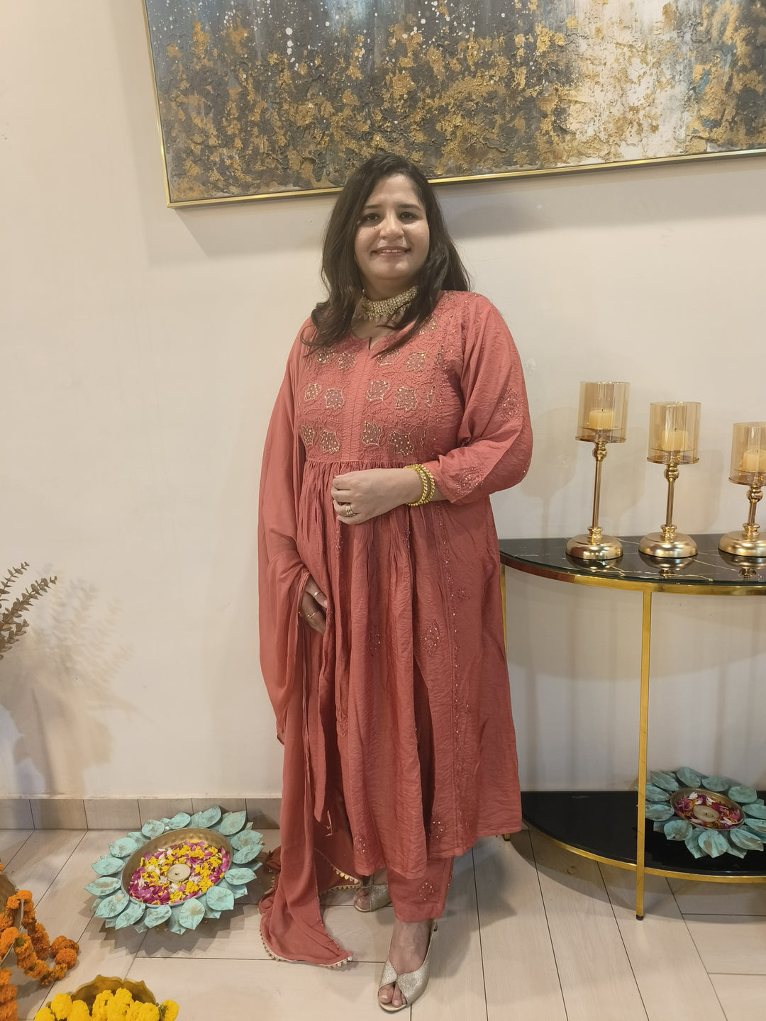 Rust Chanderi Chikankari Suit Set-Custom Made