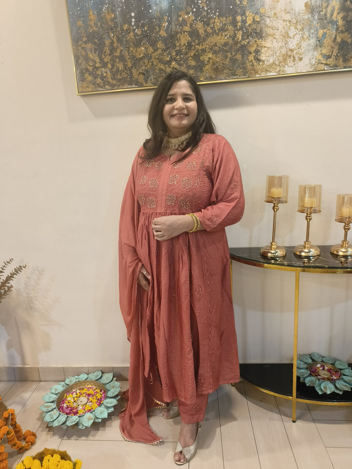 Rust Chanderi Chikankari Suit Set-Custom Made