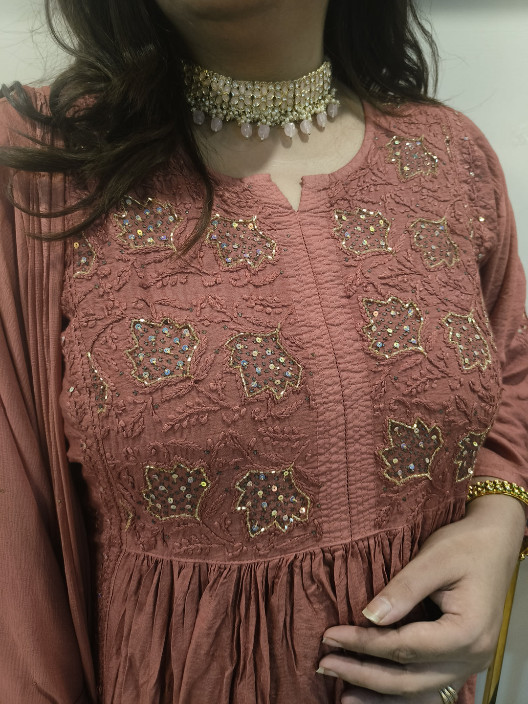 Rust Chanderi Chikankari Suit Set-Custom Made