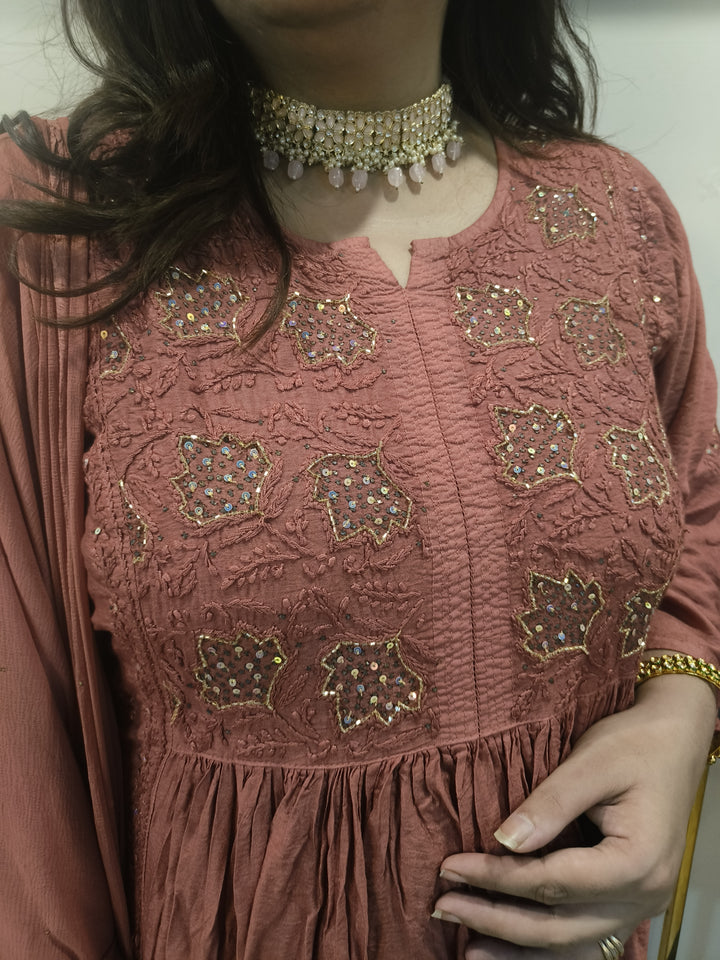 Rust Chanderi Chikankari Suit Set-Custom Made