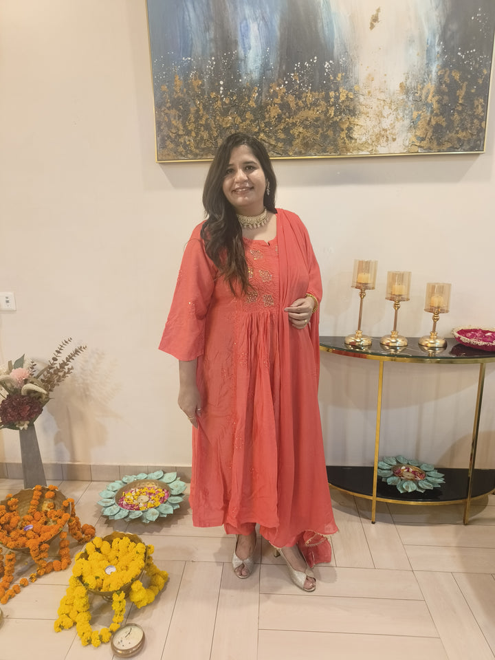 Orange Chanderi Chikankari Suit Set-Custom Made