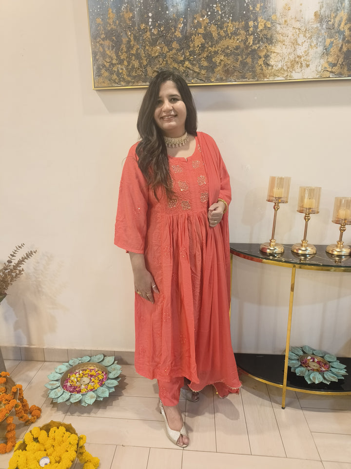 Orange Chanderi Chikankari Suit Set-Custom Made