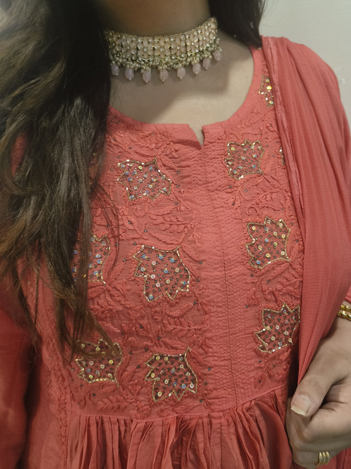 Orange Chanderi Chikankari Suit Set-Custom Made