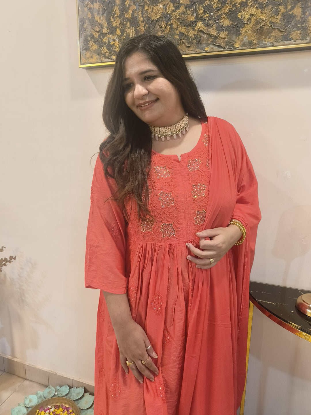 Orange Chanderi Chikankari Suit Set-Custom Made