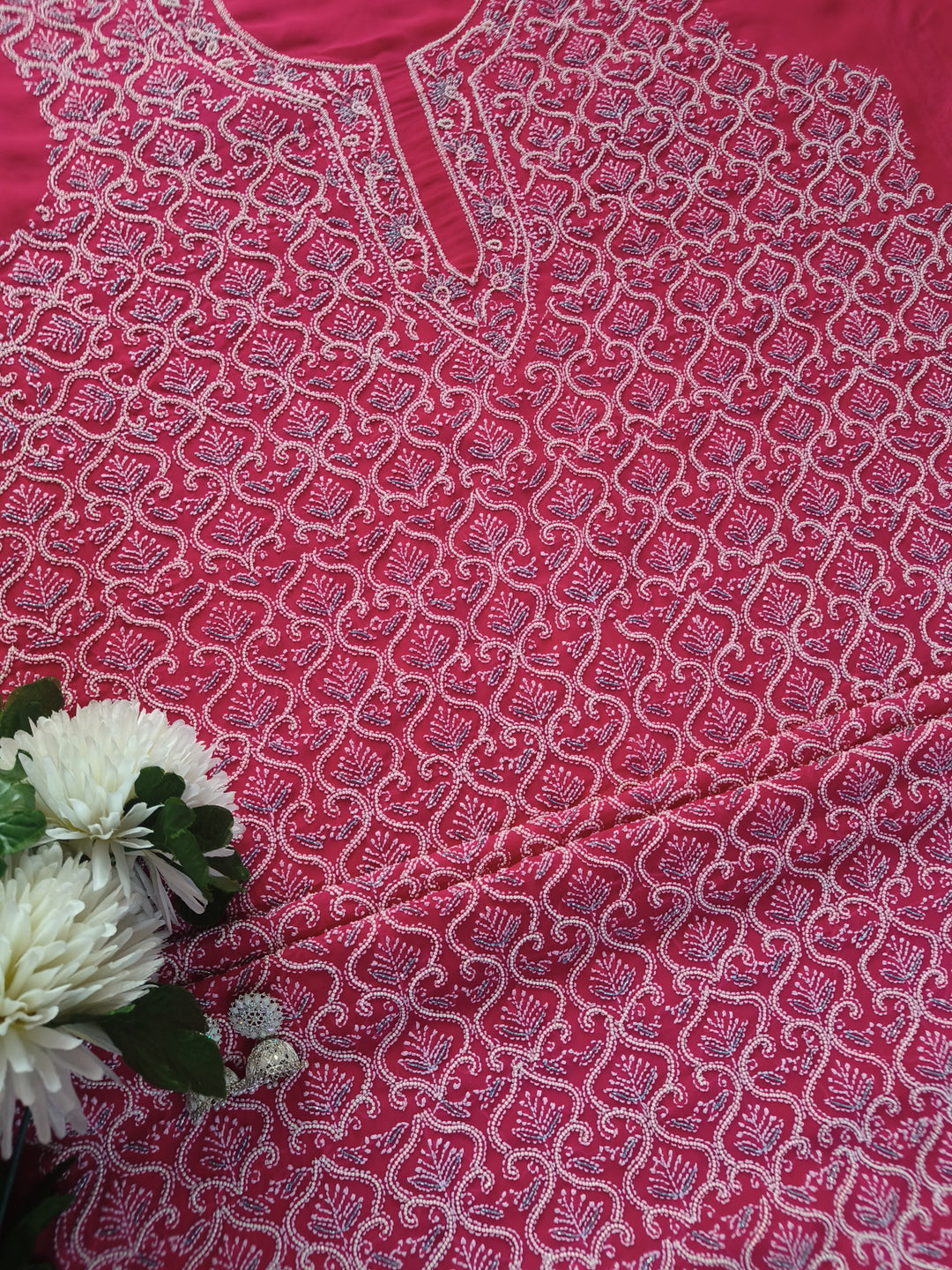 Rani Pink Georgette Chikankari kurta Dupatta Fabric