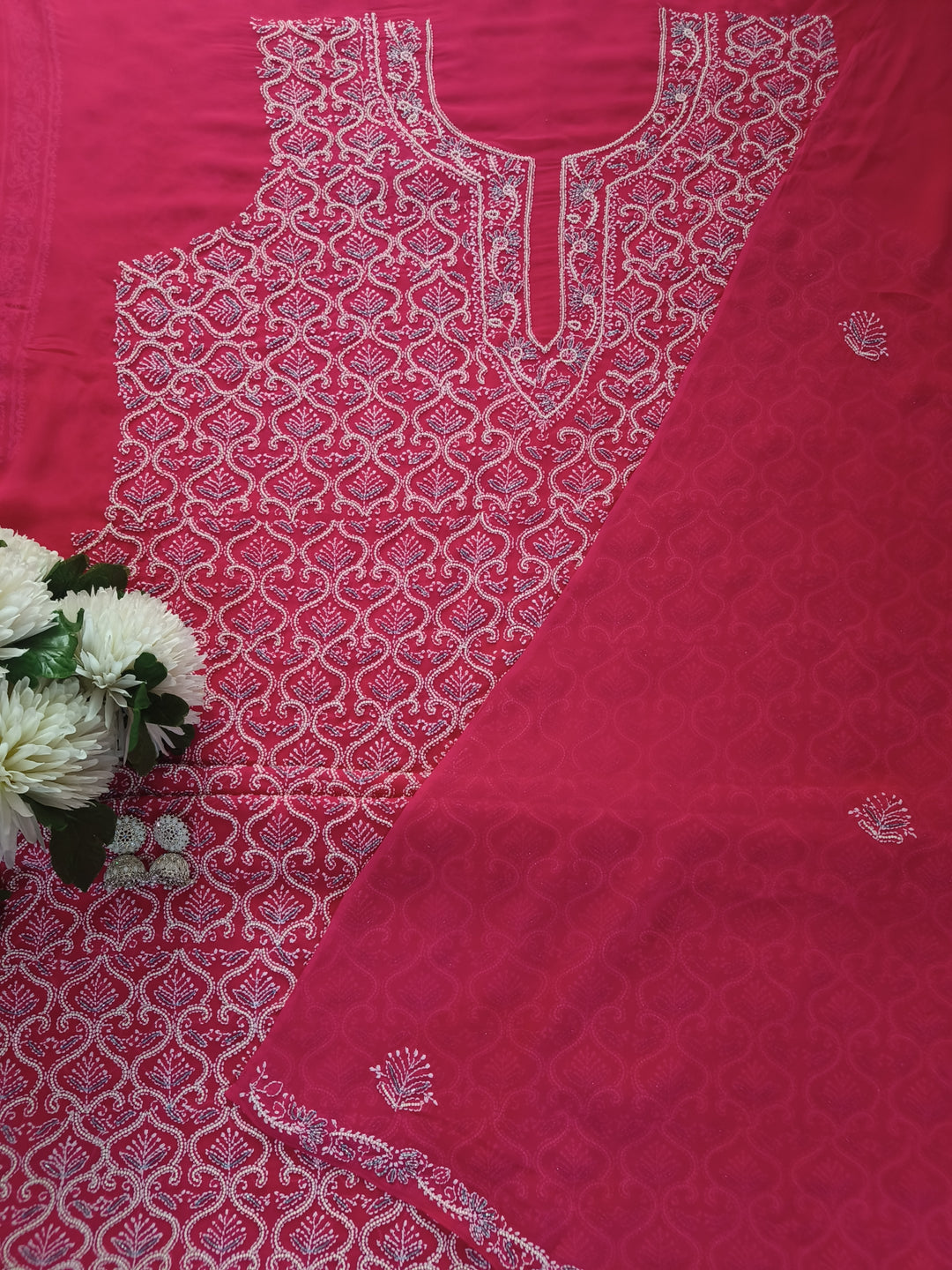 Rani Pink Georgette Chikankari kurta Dupatta Fabric