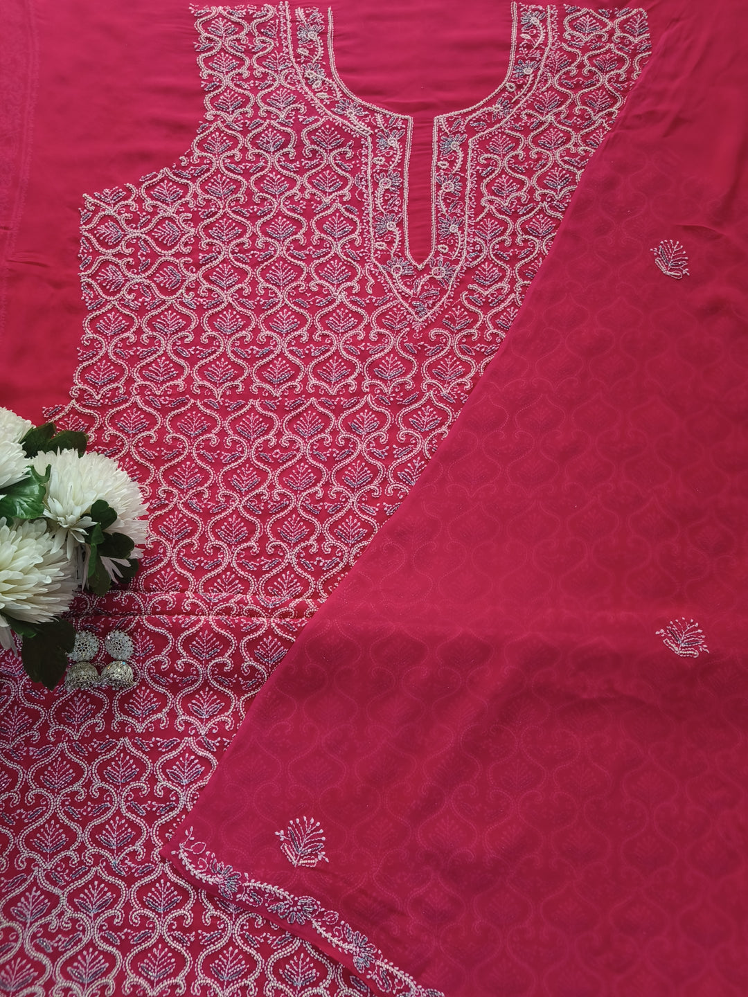 Rani Pink Georgette Chikankari kurta Dupatta Fabric