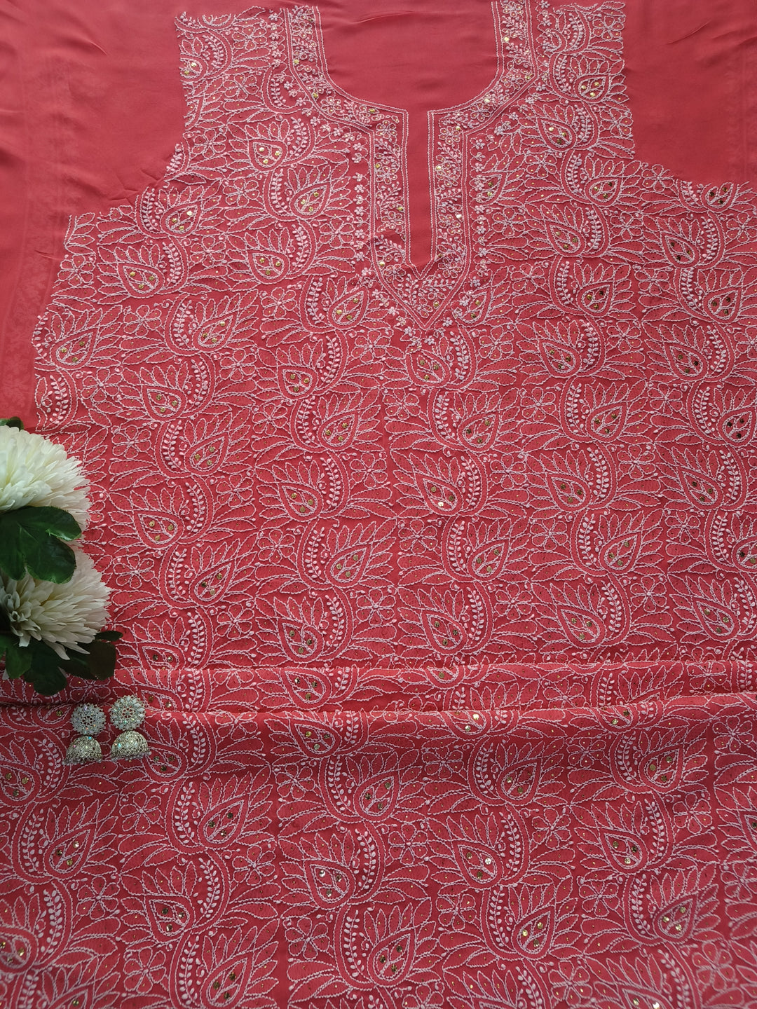 Light Orange Georgette Chikankari kurta Dupatta Fabric