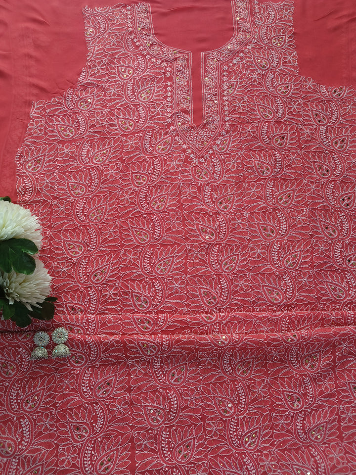 Light Orange Georgette Chikankari kurta Dupatta Fabric
