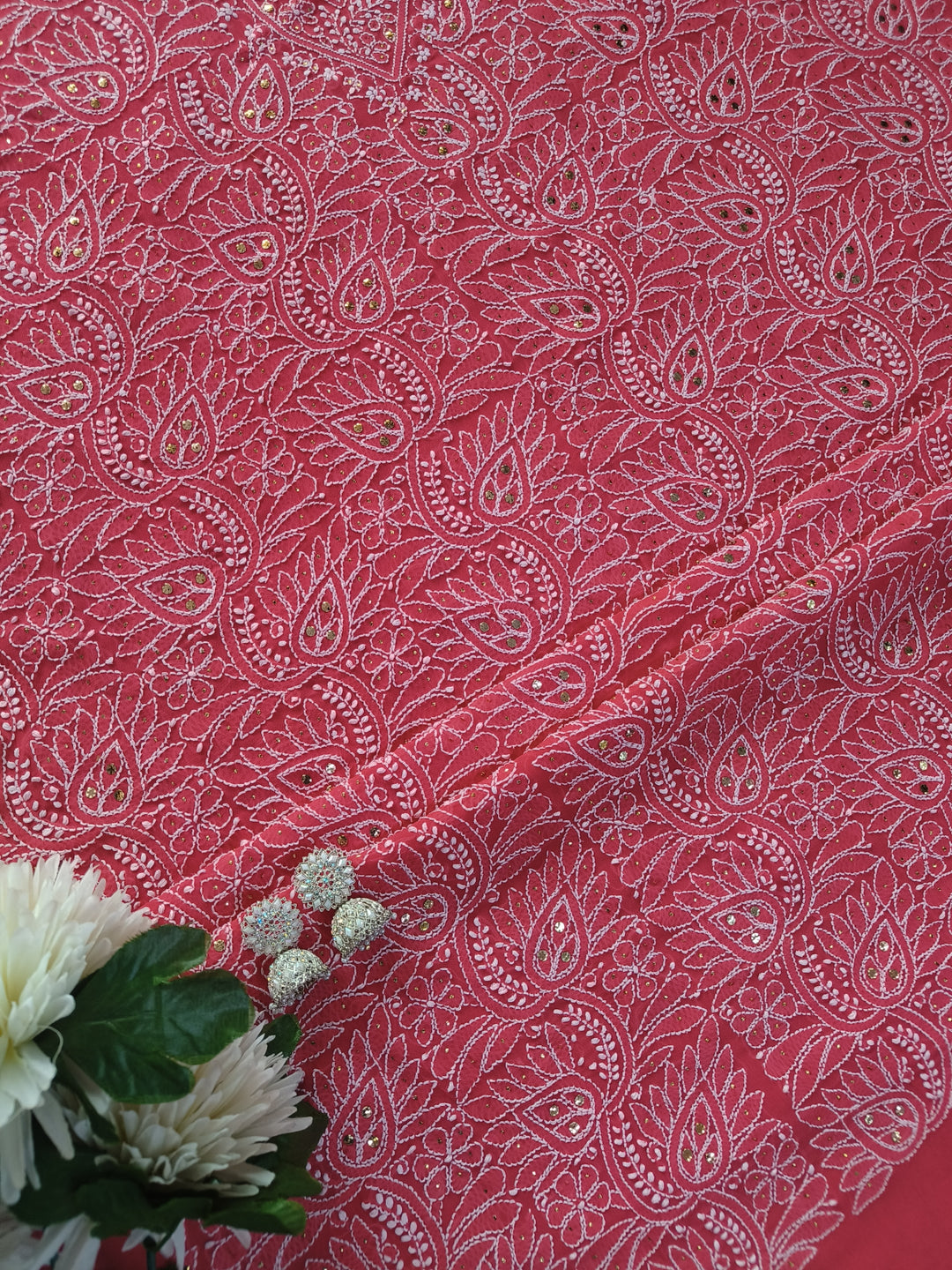 Light Orange Georgette Chikankari kurta Dupatta Fabric