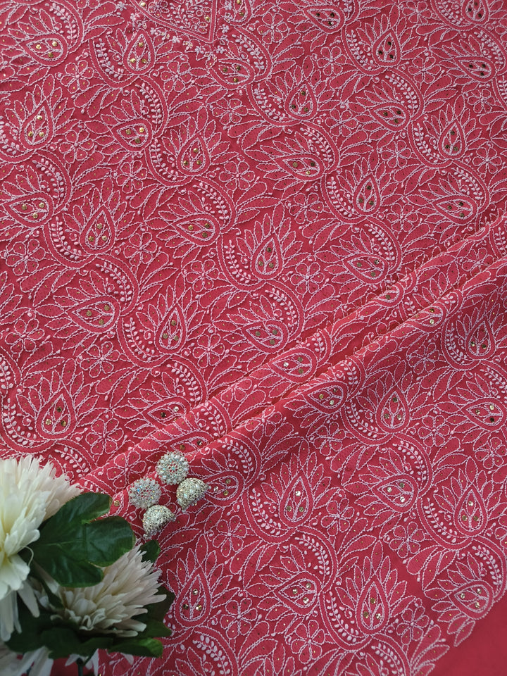 Light Orange Georgette Chikankari kurta Dupatta Fabric