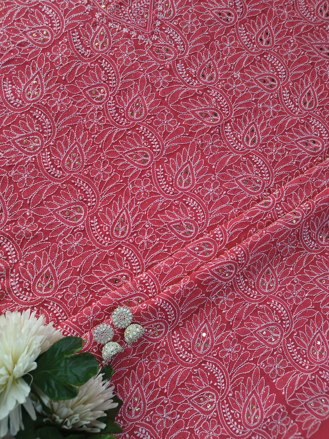 Light Orange Georgette Chikankari kurta Dupatta Fabric