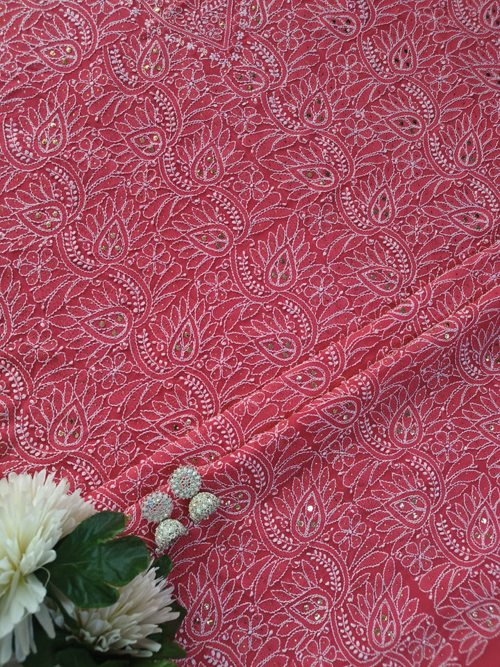 Light Orange Georgette Chikankari kurta Dupatta Fabric