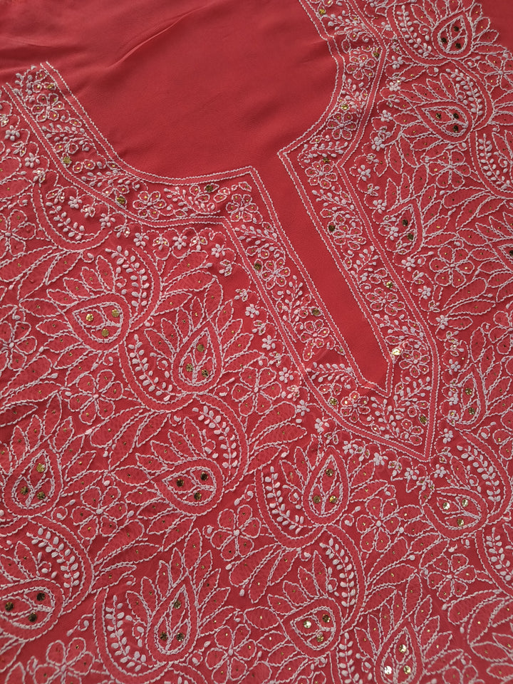 Light Orange Georgette Chikankari kurta Dupatta Fabric