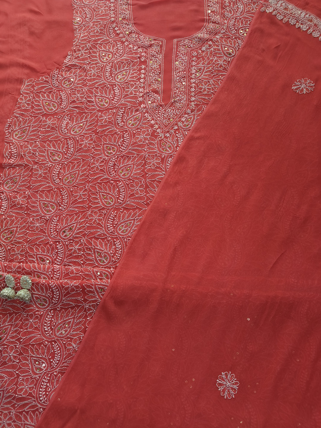 Light Orange Georgette Chikankari kurta Dupatta Fabric