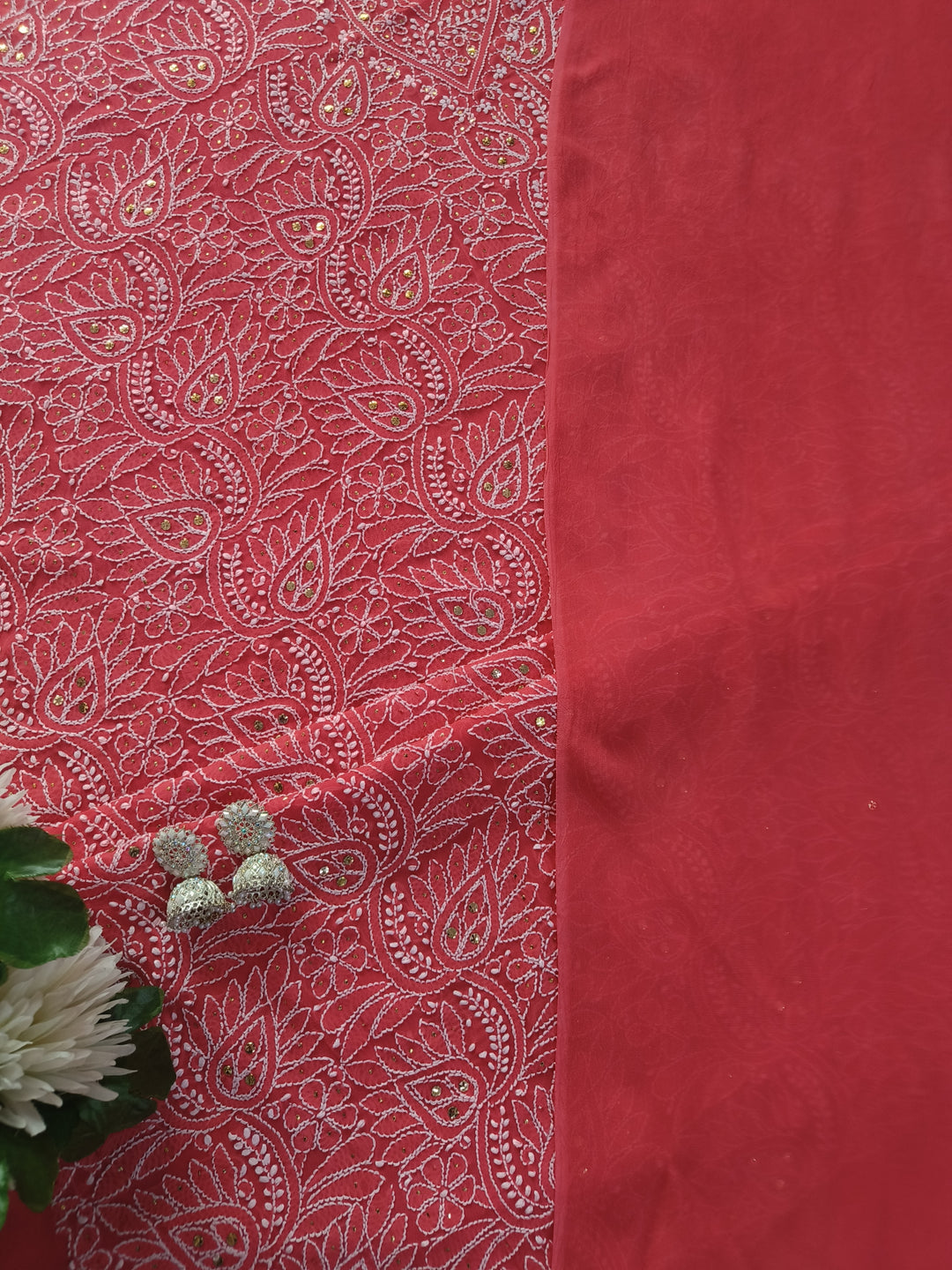 Light Orange Georgette Chikankari kurta Dupatta Fabric