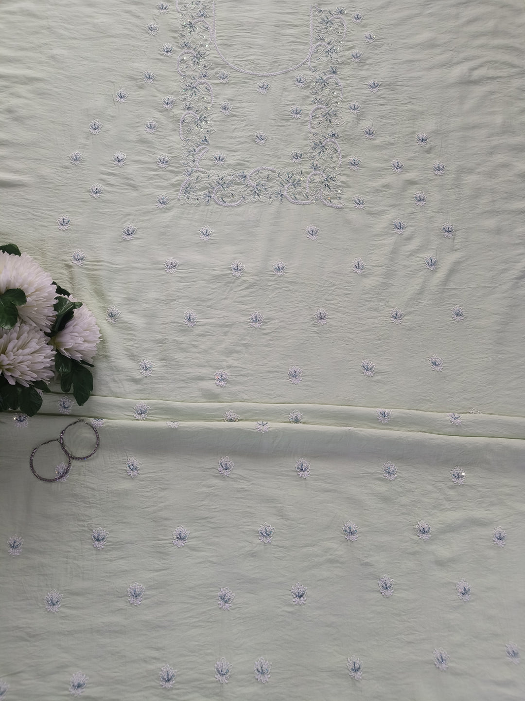 Light Pista Green Chanderi Chikankari Suit Fabric