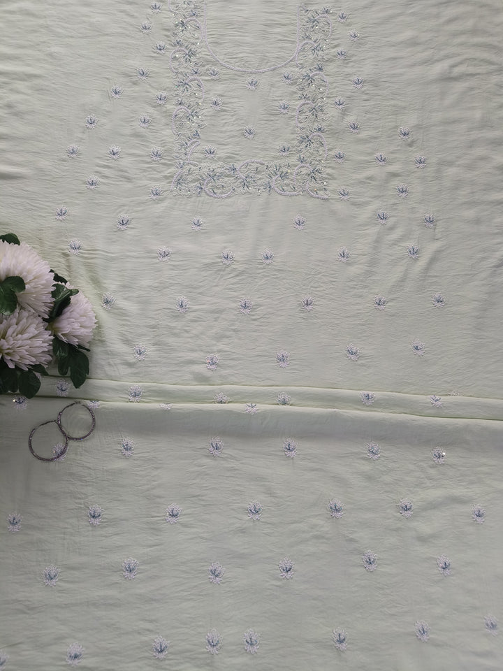 Light Pista Green Chanderi Chikankari Suit Fabric