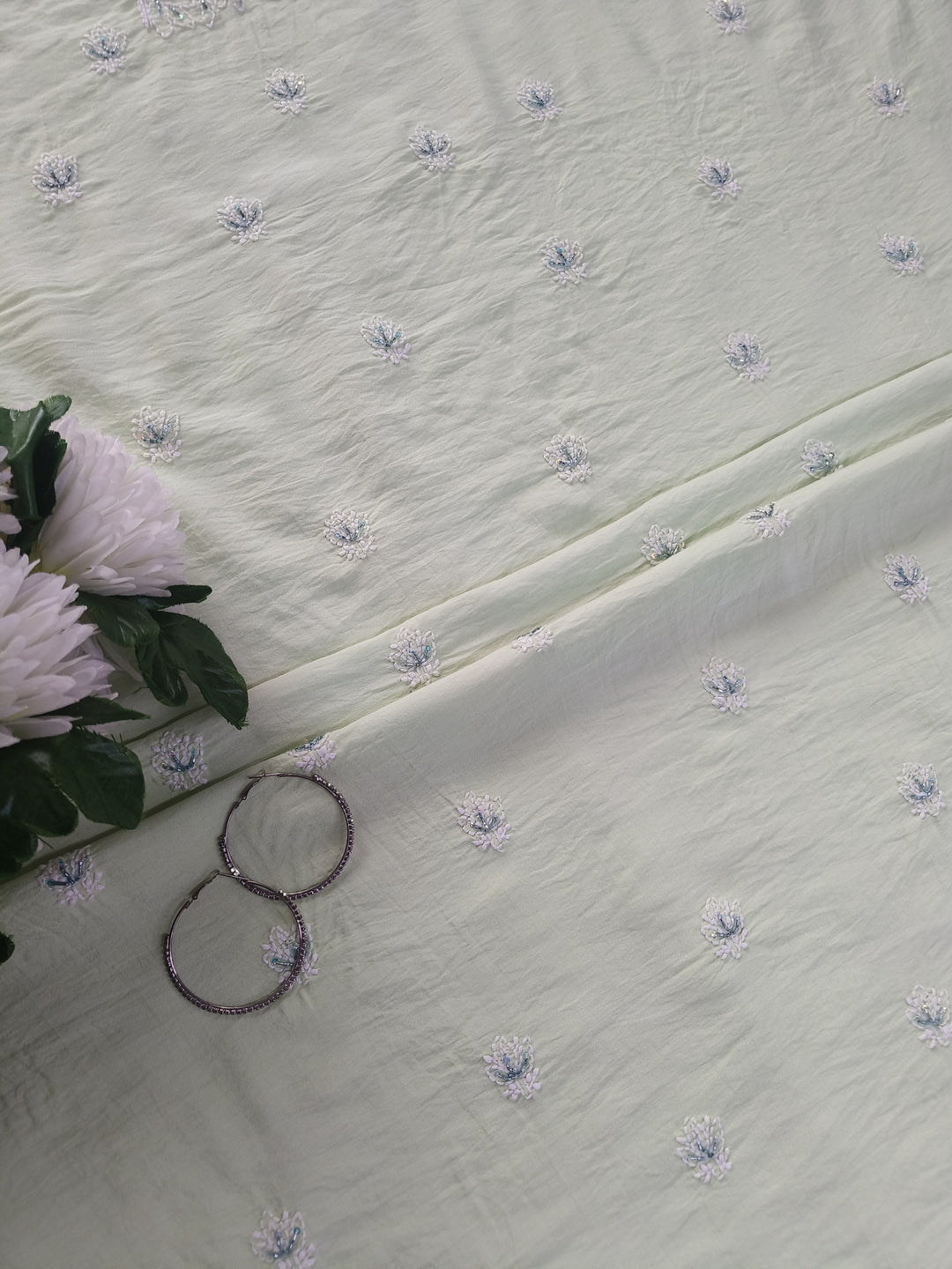 Light Pista Green Chanderi Chikankari Suit Fabric