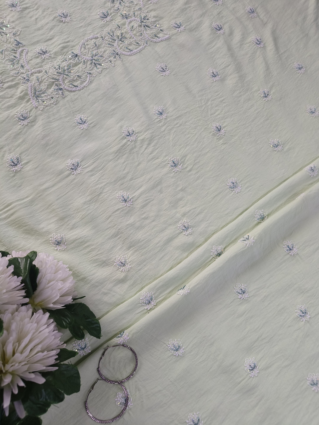 Light Pista Green Chanderi Chikankari Suit Fabric