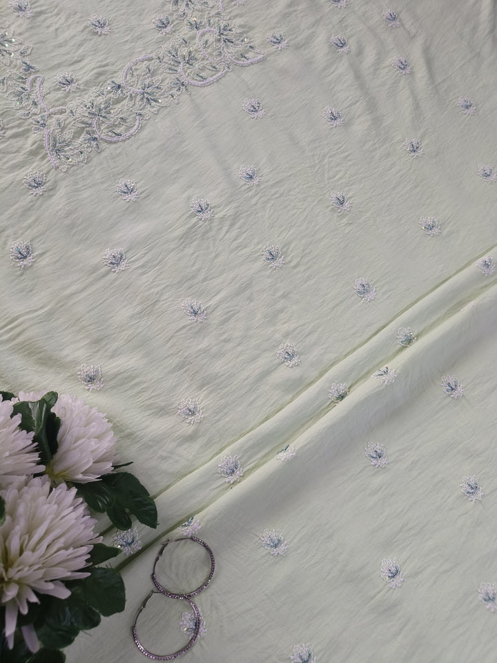 Light Pista Green Chanderi Chikankari Suit Fabric