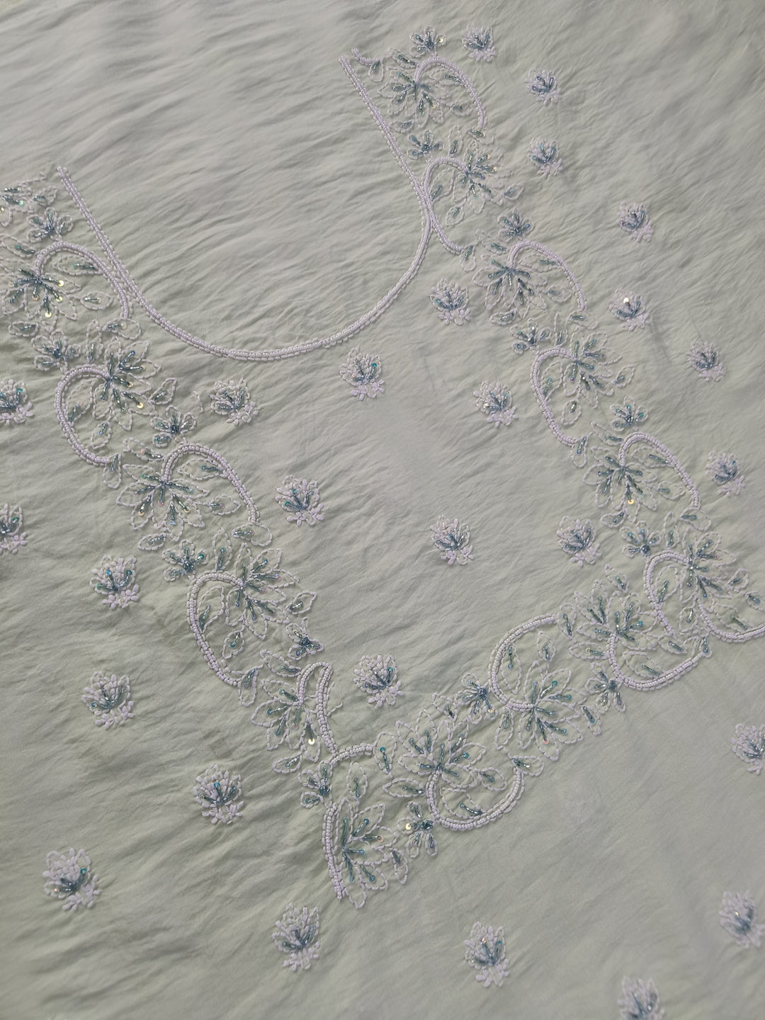 Light Pista Green Chanderi Chikankari Suit Fabric