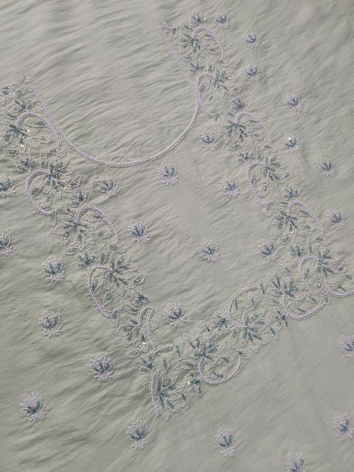 Light Pista Green Chanderi Chikankari Suit Fabric