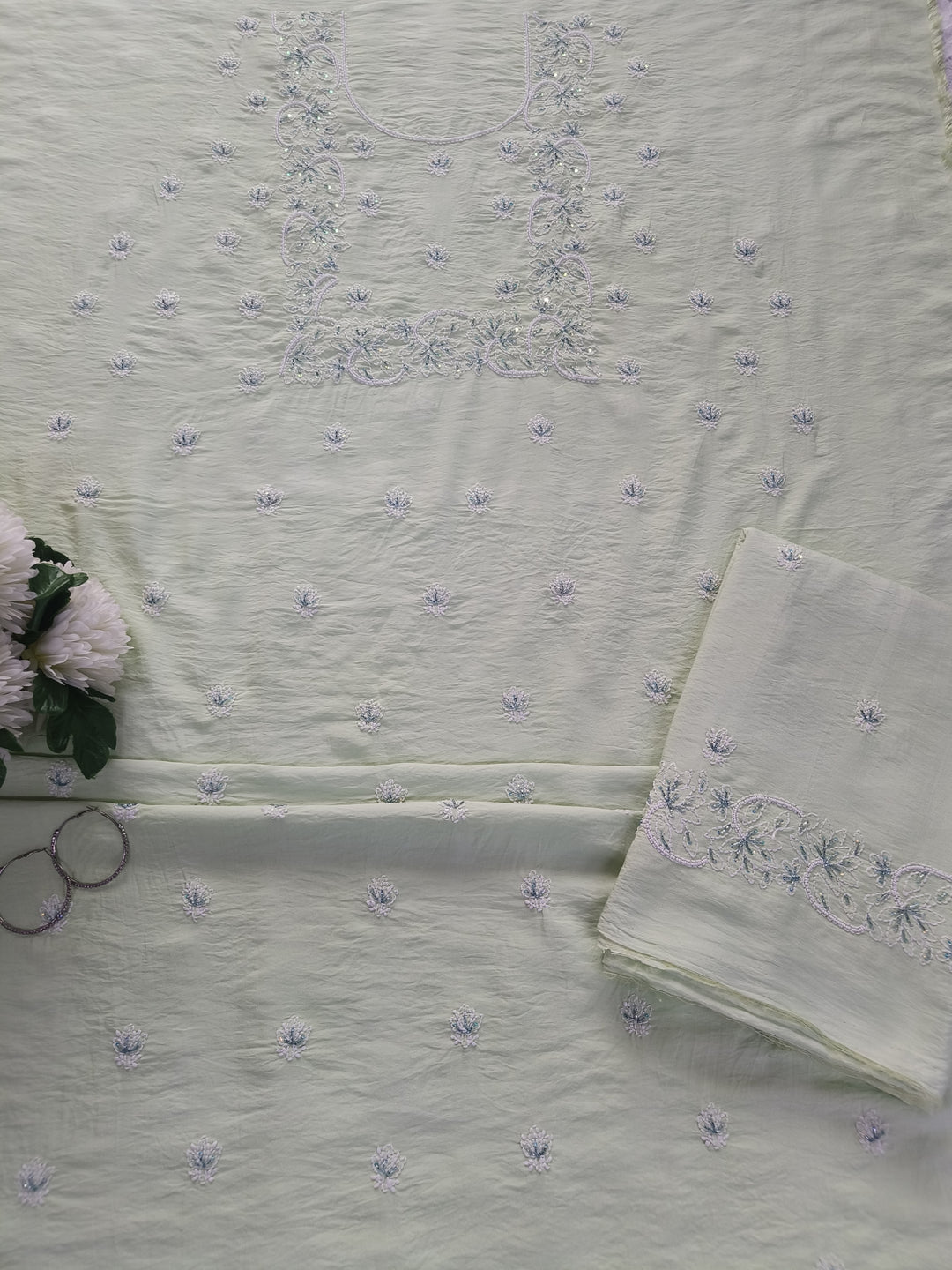 Light Pista Green Chanderi Chikankari Suit Fabric