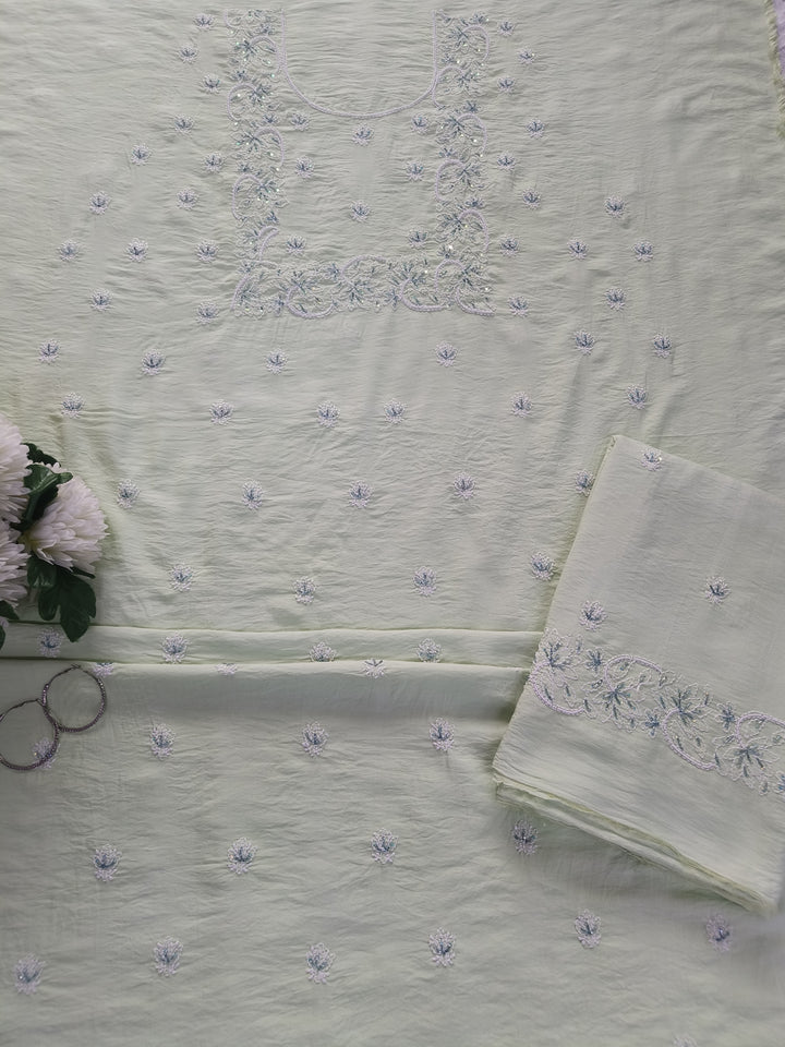 Light Pista Green Chanderi Chikankari Suit Fabric