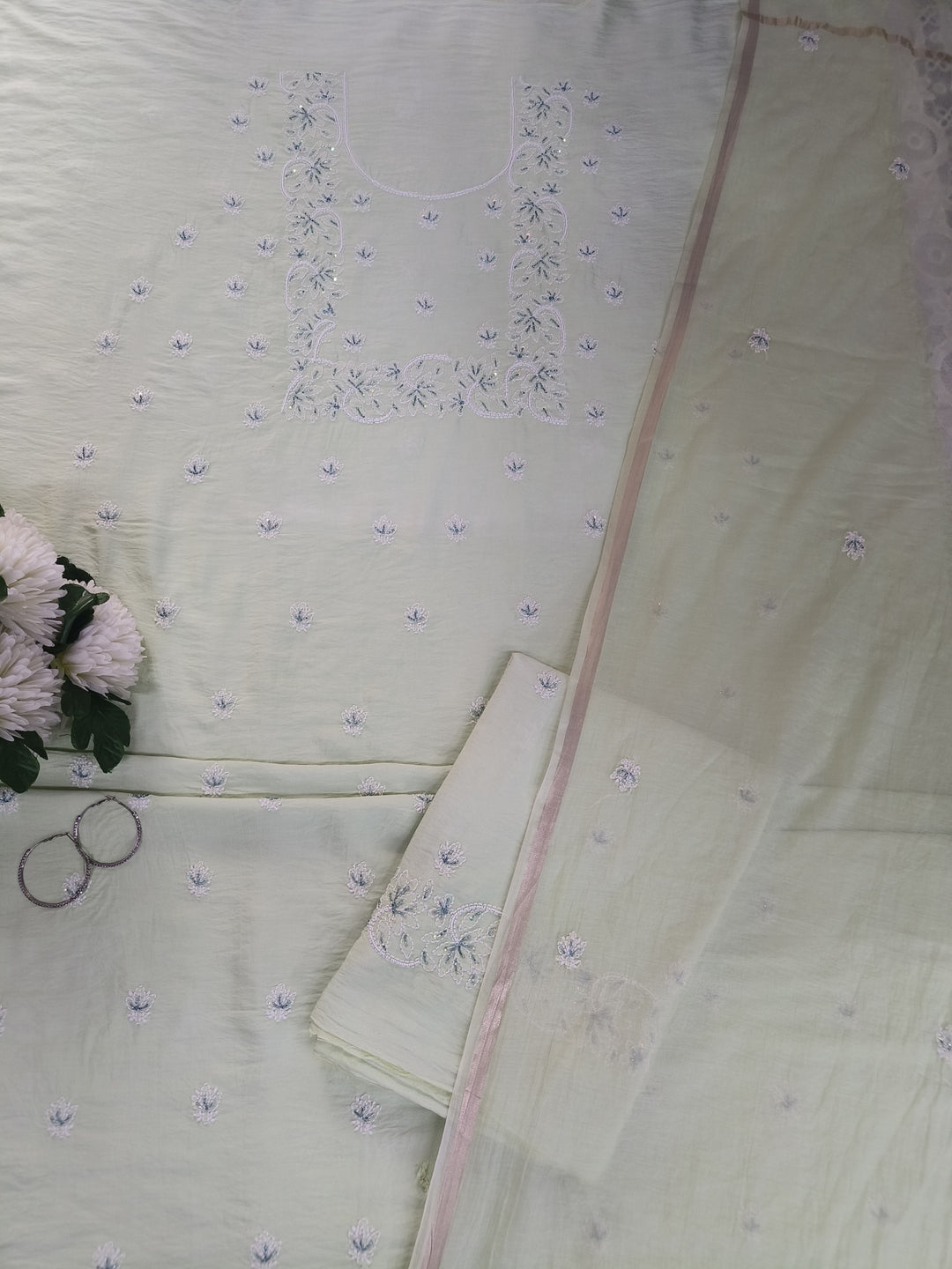 Light Pista Green Chanderi Chikankari Suit Fabric