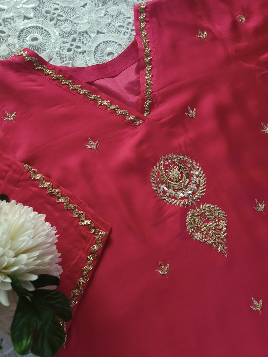 Rani Pink A-Line Hand Embroidered Suit Set-Custom Made