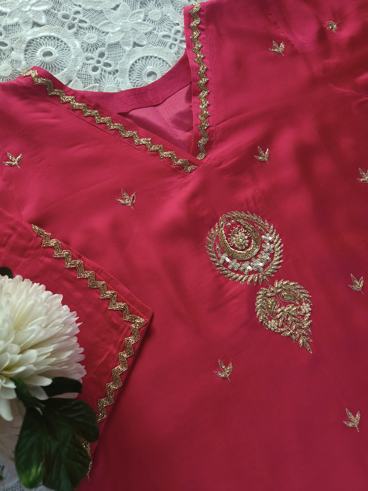 Rani Pink A-Line Hand Embroidered Suit Set-Custom Made