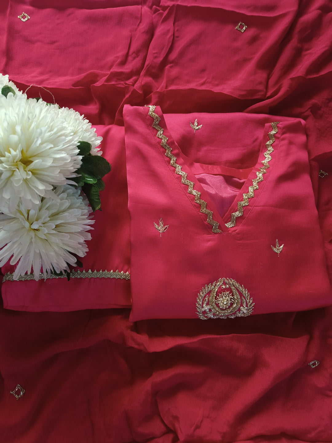 Rani Pink A-Line Hand Embroidered Suit Set-Custom Made
