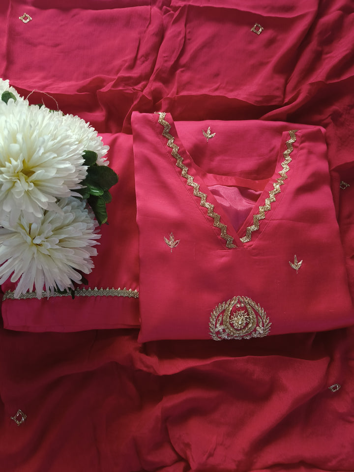 Rani Pink A-Line Hand Embroidered Suit Set-Custom Made