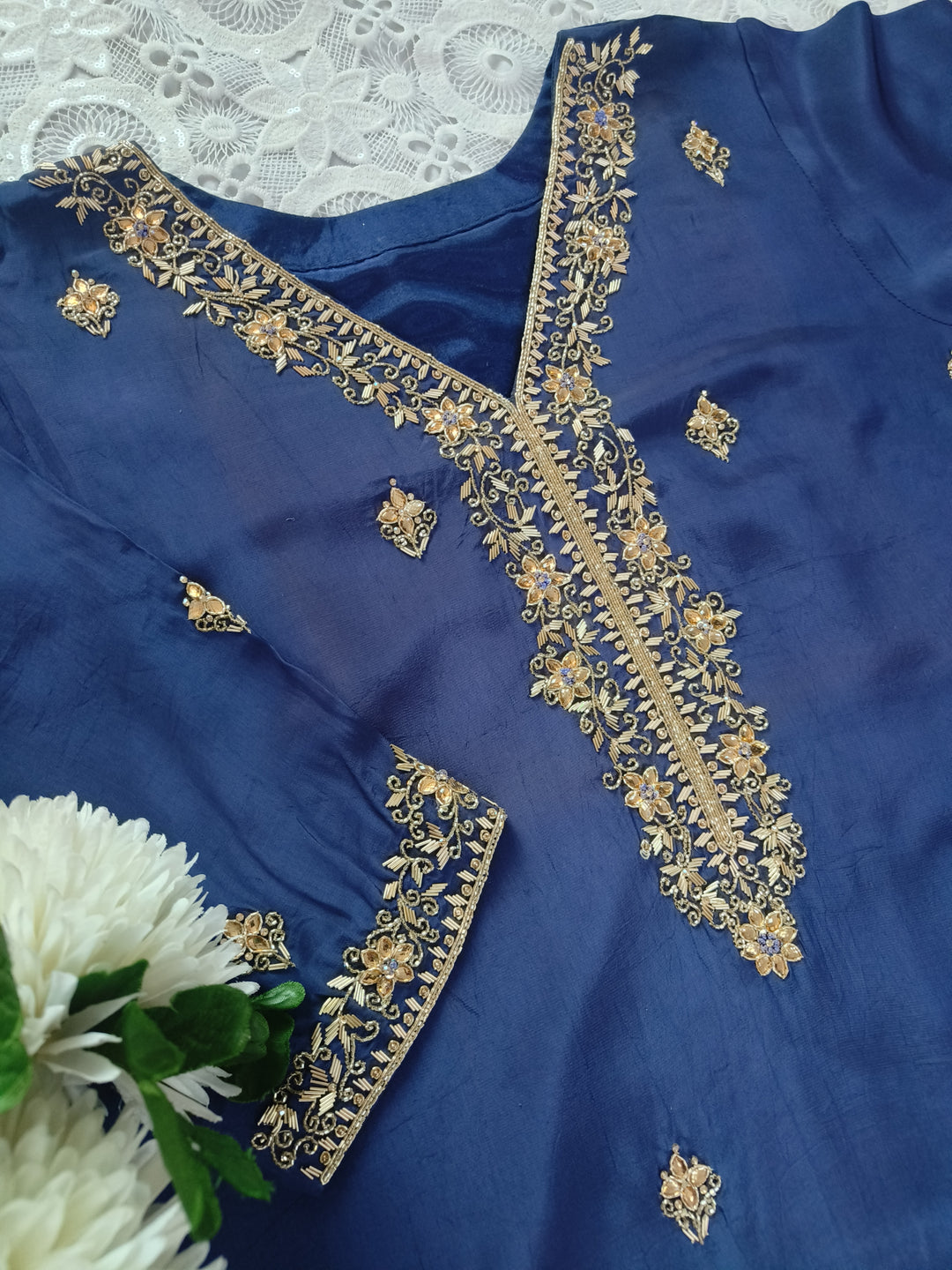 Navy Blue Hand Embroidered Suit Set-Custom Made