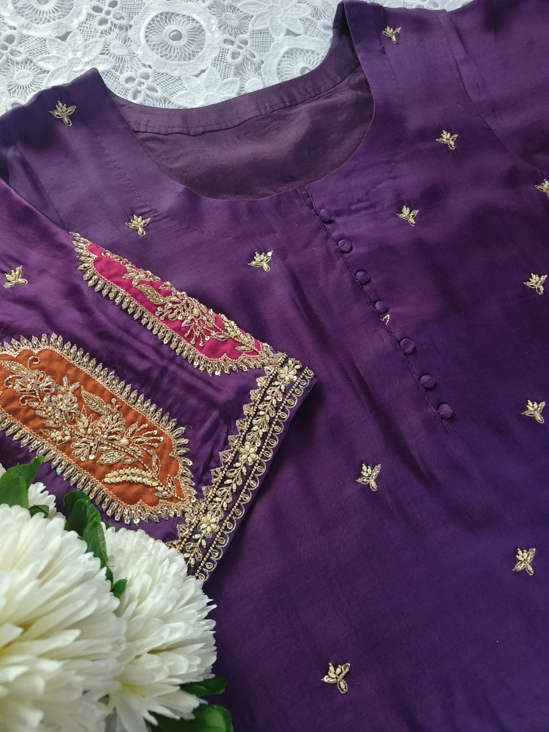 Wine A-Line Hand Embroidered Suit Set-Custom Made