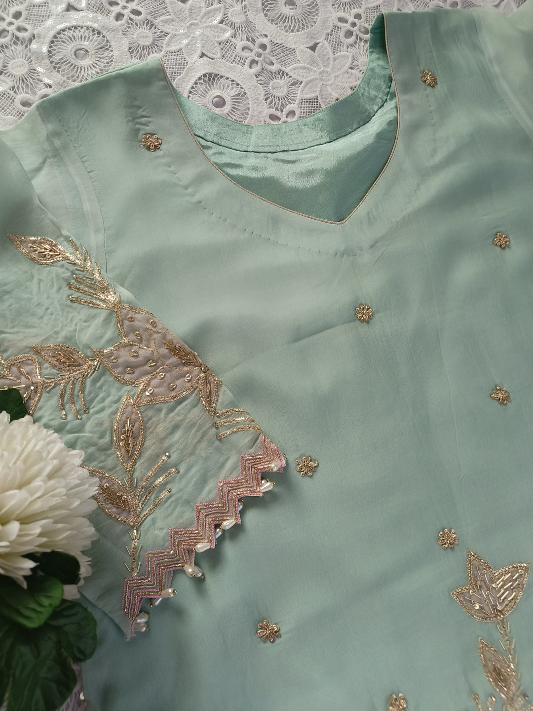 Sea Green Hand Embroidered Suit Set-Custom Made