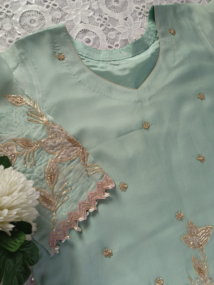 Sea Green Hand Embroidered Suit Set-Custom Made