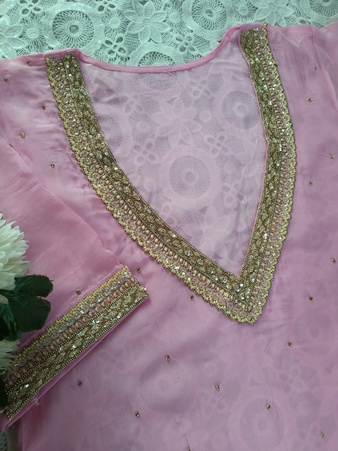 Baby Pink A-Line Hand Embroidered Suit Set-Custom Made