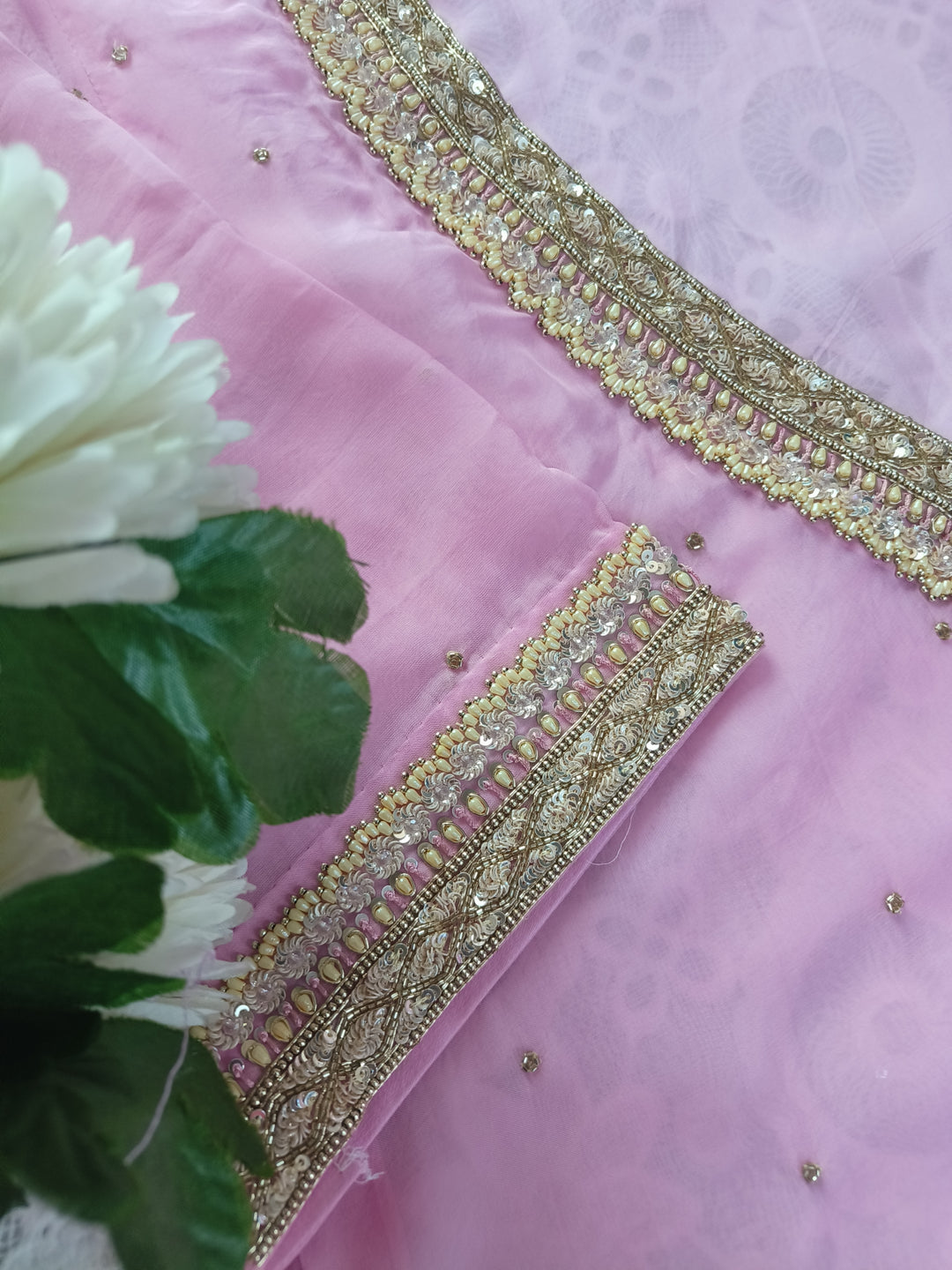 Baby Pink A-Line Hand Embroidered Suit Set-Custom Made