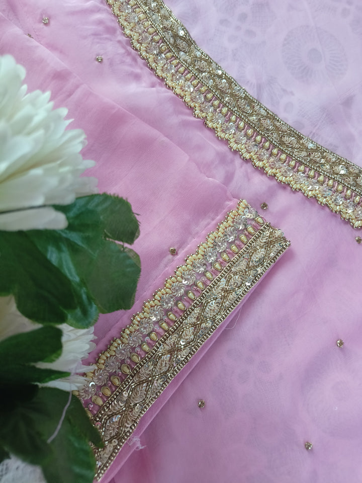 Baby Pink A-Line Hand Embroidered Suit Set-Custom Made