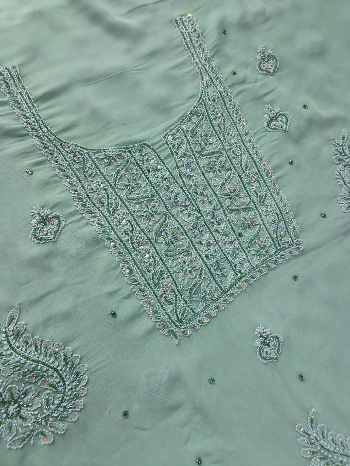 Sea Green Pure Georgette Chikankari Kurta Dupatta Fabric